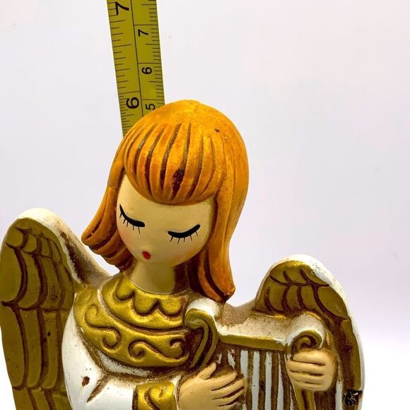 VINTAGE ANGEL WINGS OF GOLD PLAYING HARP SINGING MID CENTURY CHALK WARE  JAPAN - Picture 4 of 5